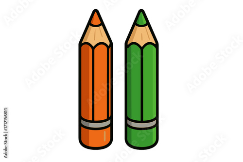 Two colored pencils vector icon. Orange and green art supplies for drawing and creativity. School stationery and education concept. Crayon cartoon illustration isolated.