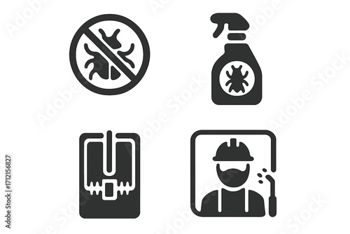 Pest control solid icon set. Exterminator service, insecticide, bug spray, rodent trap and insect prohibition sign. Disinfection and sanitation management glyph pictograms.