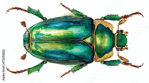 Vibrant Scarab Beetle Watercolor Vector Illustration with Shiny Green Insect Detail