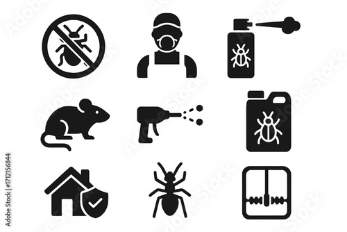 Pest control solid icon set. Infestation prevention service. Extermination icons with bug spray, poison, rat trap, rodent, ant. Disinfection home protection vector glyph.