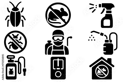 Pest control solid icon set. Infestation and prevention glyph collection. Exterminator service vector symbols. Includes bug, rat, sprayer, insecticide, and protection signs.