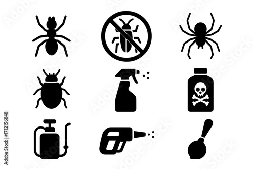 Pest control solid icon set. Insects, pesticide, spray tools glyph icons. Extermination service symbols. Ant, spider, beetle, poison, sprayer vector pictograms collection.