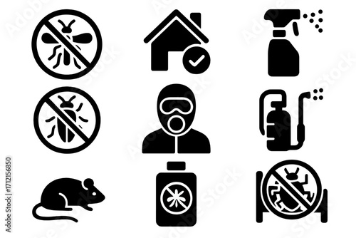 Pest control solid icon set. Extermination service glyphs. Infestation and prevention symbols. Insect, bug, rat, fly, cockroach, bedbug and chemical spray vector icons.