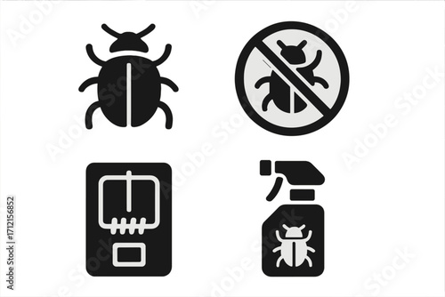Pest control solid icon set. Bug and insect management symbols. Vector glyph collection with beetle, trap, insecticide spray, and prohibition sign for extermination service.