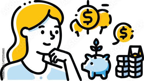 Blonde woman thinking about money and savings blonde hair coins