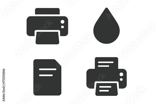 Printer solid glyph icon set. Printing technology symbols. Office equipment, fax, copy machine, ink drop, paper document vector pictograms for web and mobile apps design.