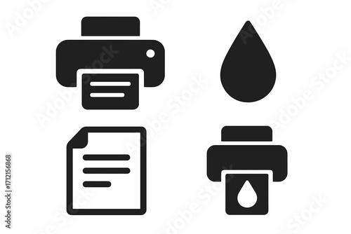 Printer icon set glyph style. Print technology solid symbols for office equipment. Ink drop, document file, copy machine pictograms. Vector illustration for web design.