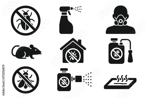 Pest control solid icon set. Infestation and prevention glyph collection. Vector illustration of exterminator, bug, rat, spray, trap. Disinfection service symbols.