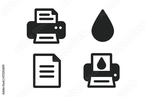 Printing technology solid icon set. Printer, ink, document symbols collection. Vector glyph pictogram style illustration for web, office equipment, and supplies concepts.