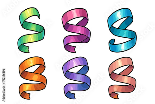 Colorful metallic ribbon set. Iridescent glossy banner scroll collection. Vector cartoon illustration. Shiny decorative element for celebration, award or design. Swirl shape.