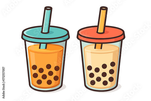 Bubble tea vector illustration. Two cups of boba milk tea with tapioca pearls. Refreshing cold drink cartoon icon. Asian beverage set isolated. Cute colorful takeaway cups.