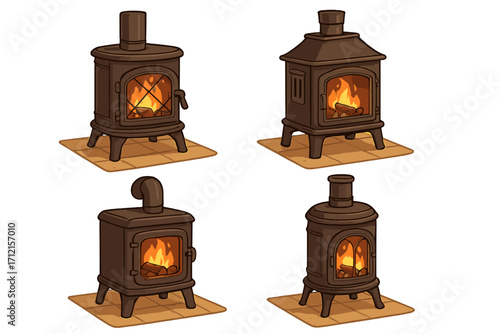 Set of traditional wood-burning stoves. Vector cartoon fireplace collection with fire logs. Cozy home heating equipment. Vintage cast iron furnace illustration pack.