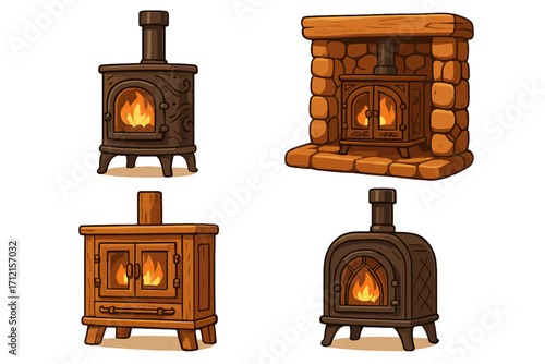 Set of wood-burning stoves and fireplace. Vector cartoon illustration of rustic and classic wood burners. Cozy home heating elements. Isolated furnace, hearth collection.