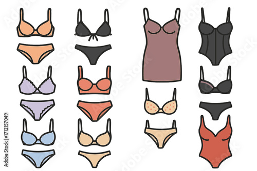 Lingerie and swimwear vector icon set. Collection of women's underwear, bra, panties, bikini, and bodysuit. Flat cartoon fashion illustration for intimates apparel.