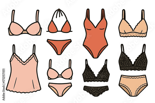 Lingerie and swimwear set. Vector cartoon illustration of female underwear, bra, panties, bikini and swimsuit. Fashion doodle collection. Isolated lingerie simple icons.