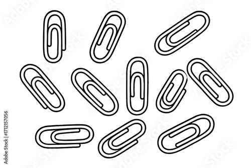 Paper clips vector icon set. Office supply and stationery collection. Business tool and school equipment. Metal paperclip document fastener. Outline cartoon illustration.
