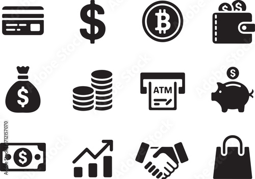 Money icons for finance, banking, and shopping