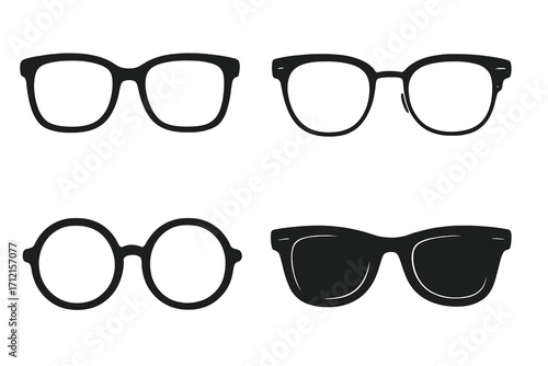 Glasses and sunglasses vector icon set. Collection of various black eyewear styles. Spectacles, nerd, geek, and hipster fashion frames. Retro and vintage silhouette design.