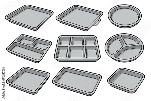 Food tray vector set. Collection of various gray plastic or metal trays for dining and meal preparation. Cafeteria, school lunch, and bento box compartment trays cartoon icon.