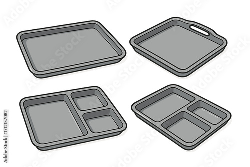 Set of various food trays vector illustration. Canteen, cafeteria, and school lunch serving trays, some with compartments for meal prep. Isolated cartoon-style kitchenware.