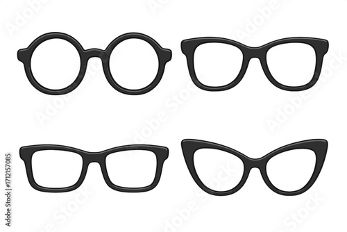 Set of various black glasses frames. Eyewear collection with different styles: round, cat-eye, and rectangular. Fashion accessory for vision. Vector illustration icon set.