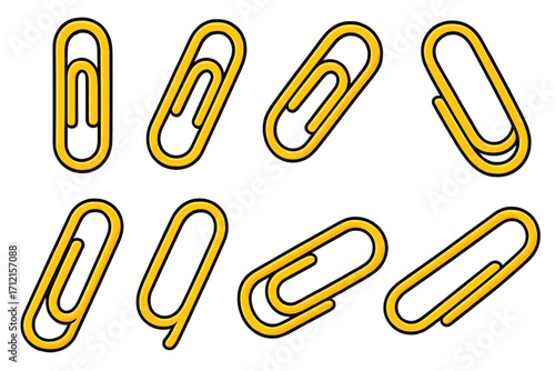 Paper clip set vector cartoon illustration. Office supply and stationery collection. School and business paperclip icons. Metal document fastener in different positions.