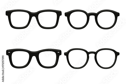 Vector glasses set. Collection of various black eyewear styles isolated on white. Retro, classic, nerd & hipster frame options for different looks. Fashion accessory icon.