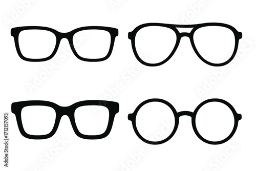 Vector set of black glasses icons. Different styles of eyewear frames: aviator, wayfarer, round, nerd. Fashion accessory silhouette collection isolated on white background.