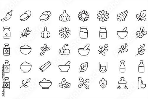 Outline organic food and herbal remedy icons collection for wellness and nutrition design