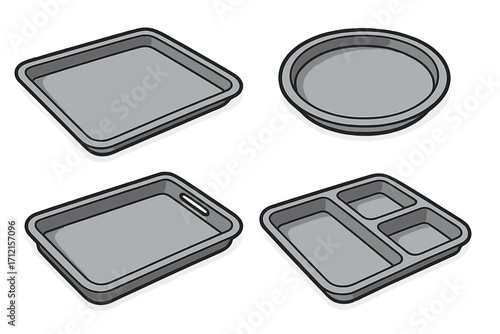 Set of gray food trays. Vector illustration. Serving tray, cafeteria tray with compartments, and round tray. For canteen, school lunch, or self-service restaurant concept.