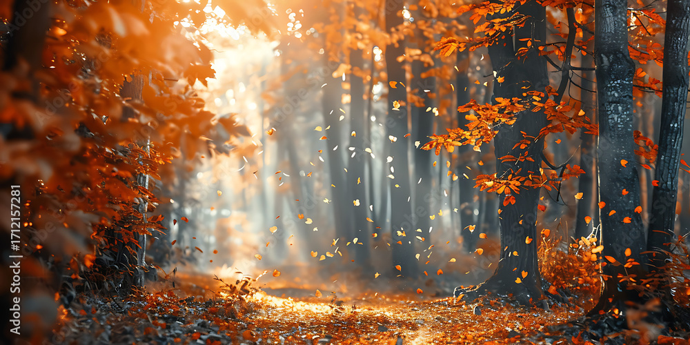 Fototapeta premium Golden autumn forest with falling leaves and sunlight beams creating magical glowing scenery