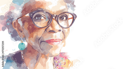 Elegant Senior Black Woman with Glasses - Watercolor Portrait