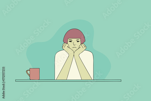 Bored young woman resting chin on hands with coffee cup illustration