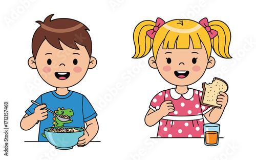 “Two children eating breakfast together, boy with cereal bowl, girl with bread and juice, happy kids mealtime cartoon illustration”