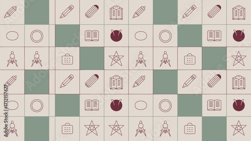 Patterned background with icons of pencils books compasses stars circles and other school supplies