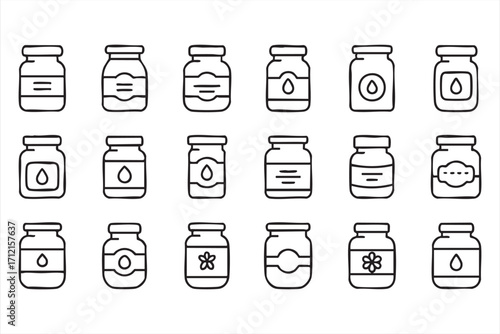 Collection of jar doodle illustrations for grocery, ingredient, and product branding