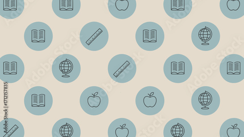 Pattern of education icons including books globes rulers and apples in light blue circles on beige