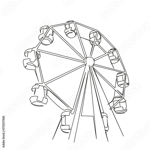 One continuous single drawing line art flat doodle fun, carousel, ferris wheel, ride, wheel, circle, fair, park, amusement. Isolated image hand draw contour on a white background, hand drawn, not AI