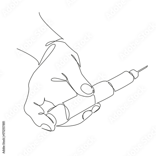 One continuous single drawing line art flat doodle diabetes, syringe, lifestyle, insulin, medicine, hand, person, injecting. Isolated image hand draw contour on a white background, hand drawn, not AI