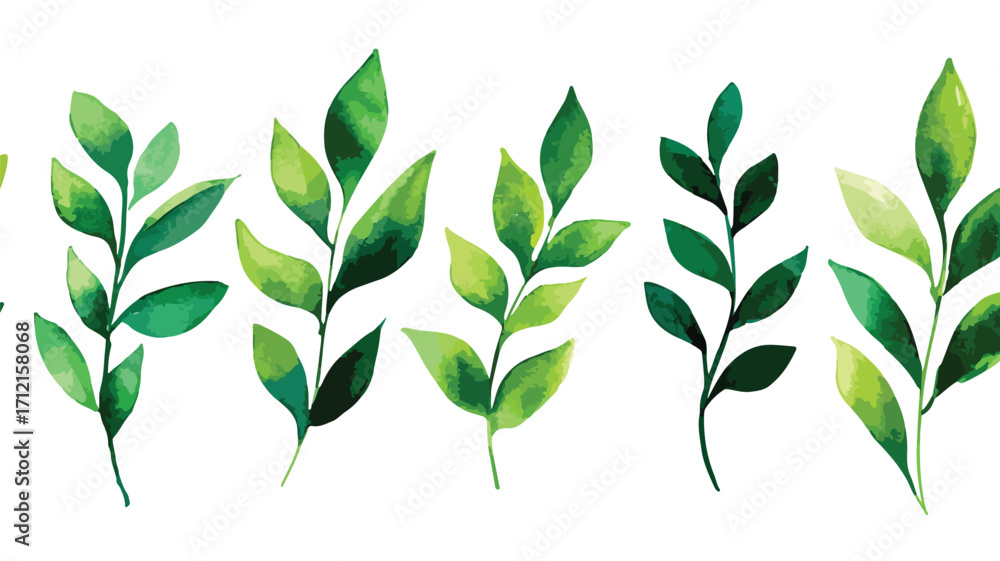 Fototapeta premium Beautiful Watercolor Green Twigs with Leaves for Design Projects