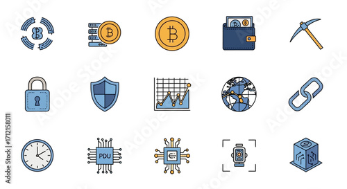 Cryptocurrency and Blockchain Technology Icons Set.