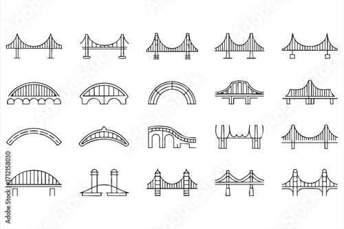 Vector bridge and structure icons pack for cityscape, transport, and architecture graphics