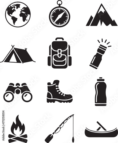 Adventure outdoor gear icons for travel and exploration