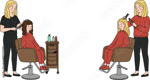 Hair salon illustration, hairstylist combing client hair, beauty care vector, hairdresser working with customer, haircut service, professional stylist cartoon art