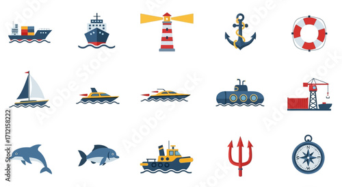 Collection of Nautical and Marine Themed Icons and Illustrations.