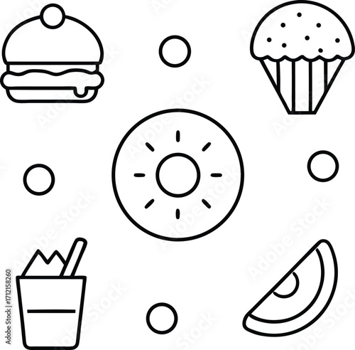 Black line art icons of food and drink items on white burger cupcake