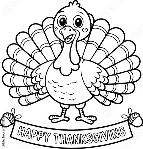 Cute cartoon turkey with fanned tail feathers and happy thanksgiving banner for coloring or decoration