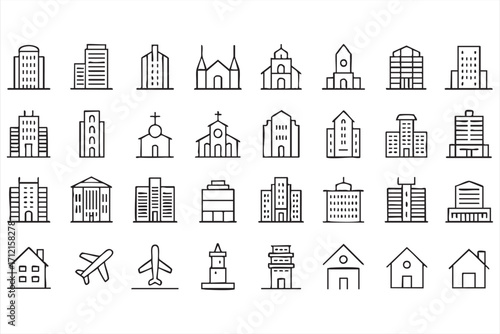 Landmark and monument icon set including towers and temples for architecture design