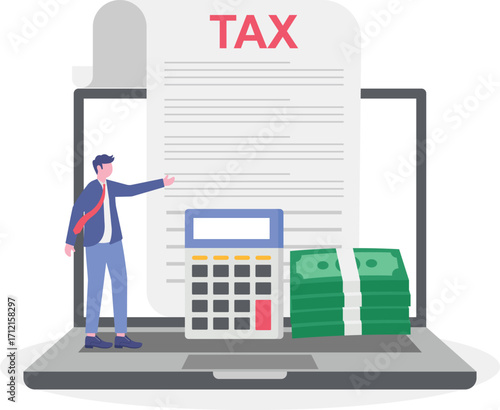Filing tax return software, electronic tax filing, filing taxes by yourself concept with tiny people.
