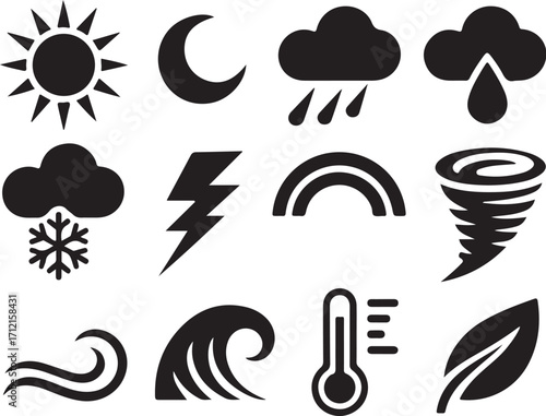 Diverse weather icons for forecasts and climate themes